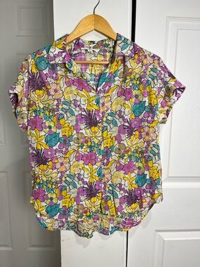Jane + Delancey Orchid Purple Yellow Teal Tropical Floral Print Blouse Small